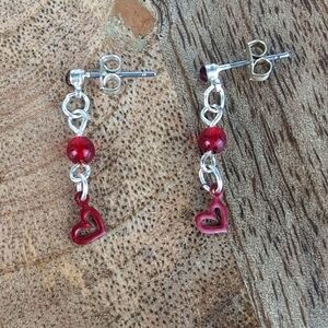 Red Heart & Silver Dangle Earrings